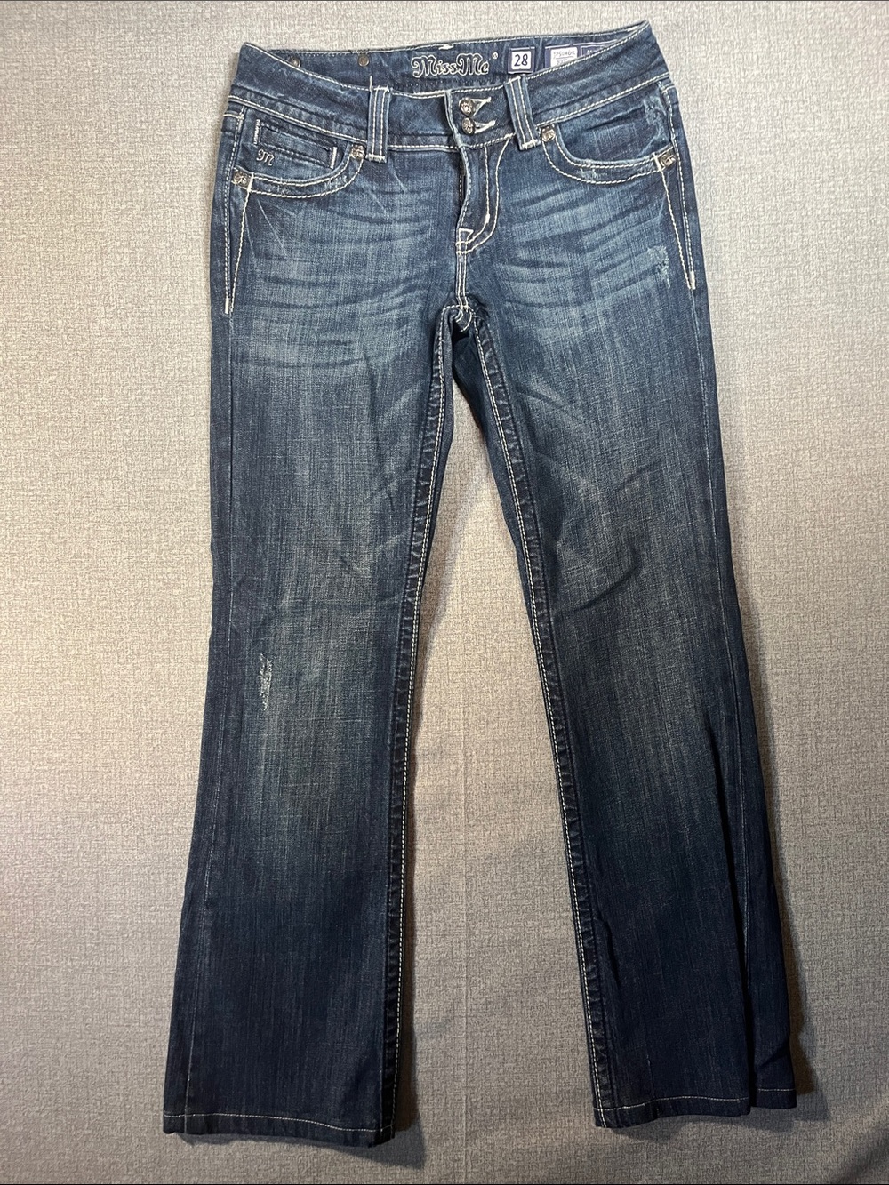 Miss Me Bootcut JP5046R Distressed Blue Denim Jeans W/Rhinestone pockets, s=28